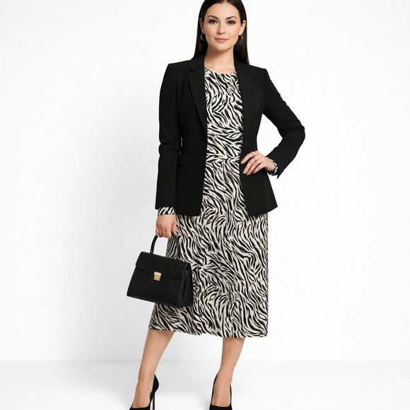 Zebra Print Midi Dress Long Smocked Sleeves Pockets Y2K Trendy Career Work Sz M - Picture 2 of 16